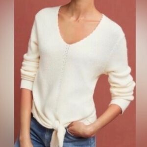 Anthropologie Cream V-Neck Sweater with Knot Detail